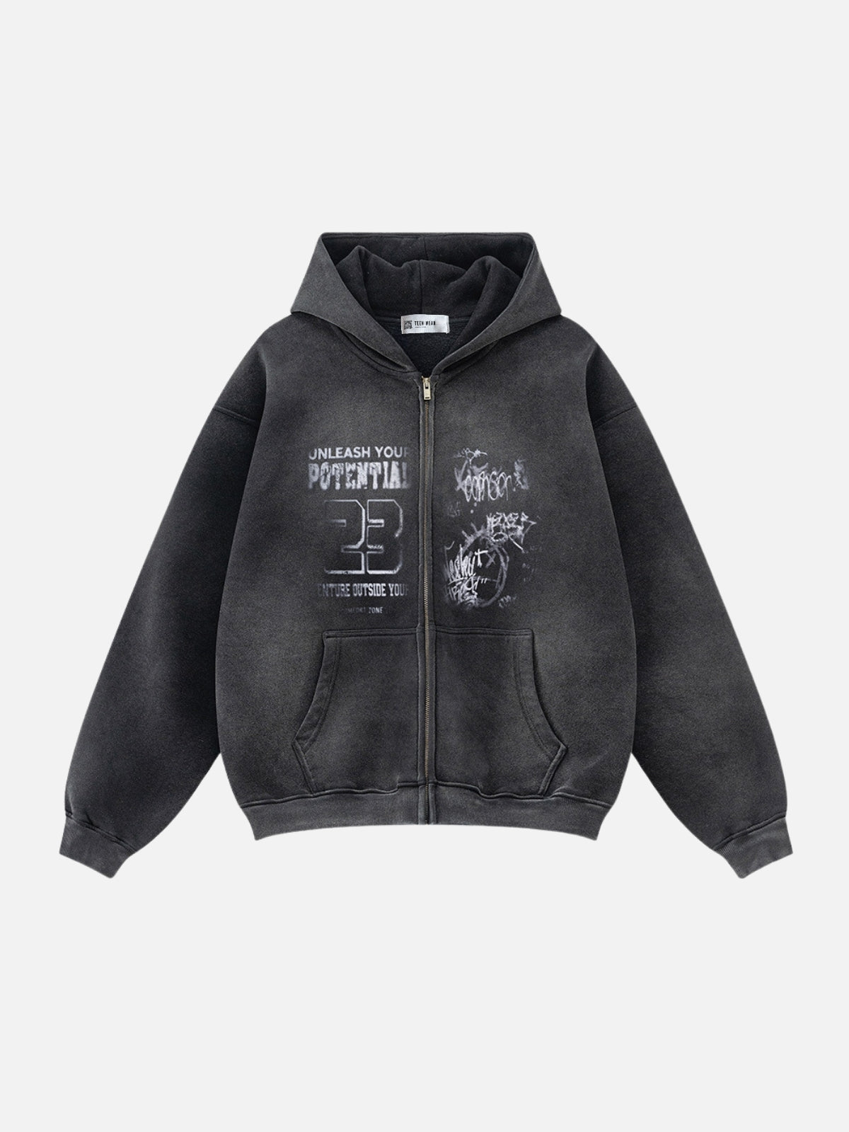 POTENTIAL - Oversized Print Zip Up Hoodie Washed Black | Teenwear.eu