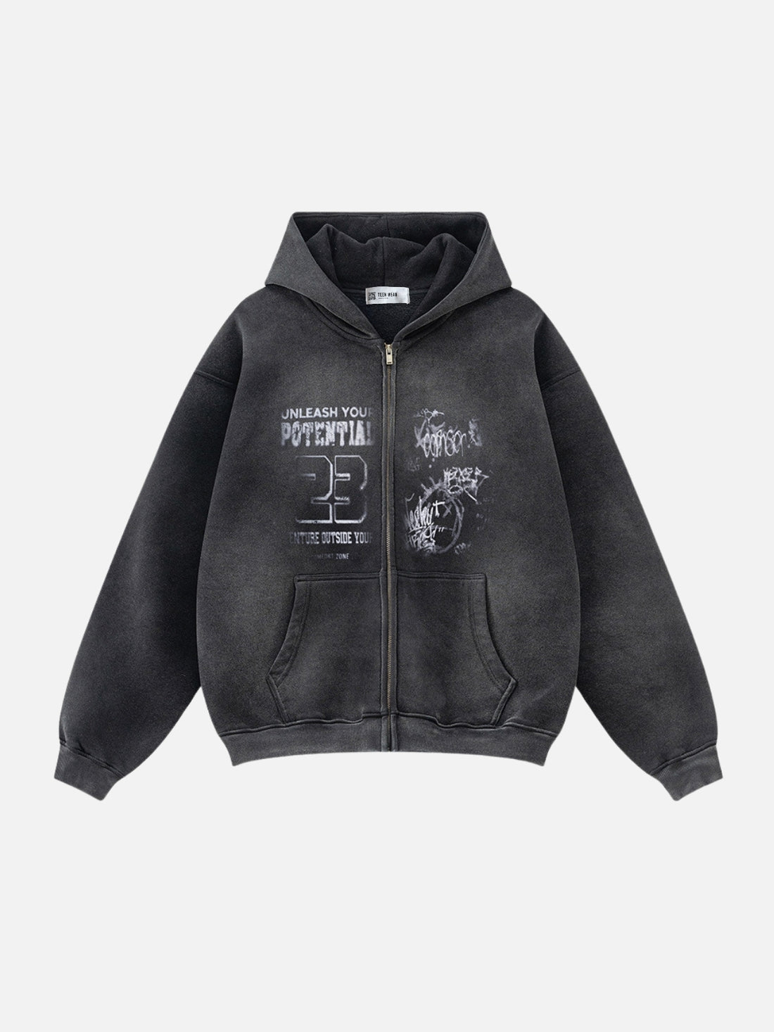 POTENTIAL - Oversized Print Zip Up Hoodie Washed Black | Teenwear.eu