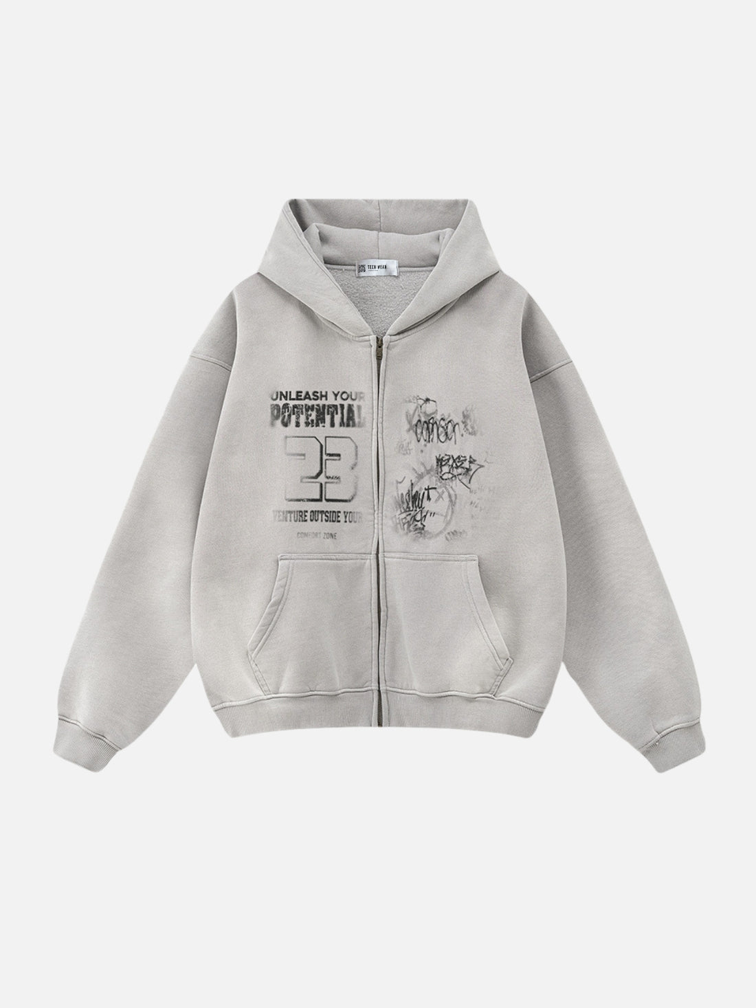 POTENTIAL - Oversized Print Zip Up Hoodie Washed Black | Teenwear.eu