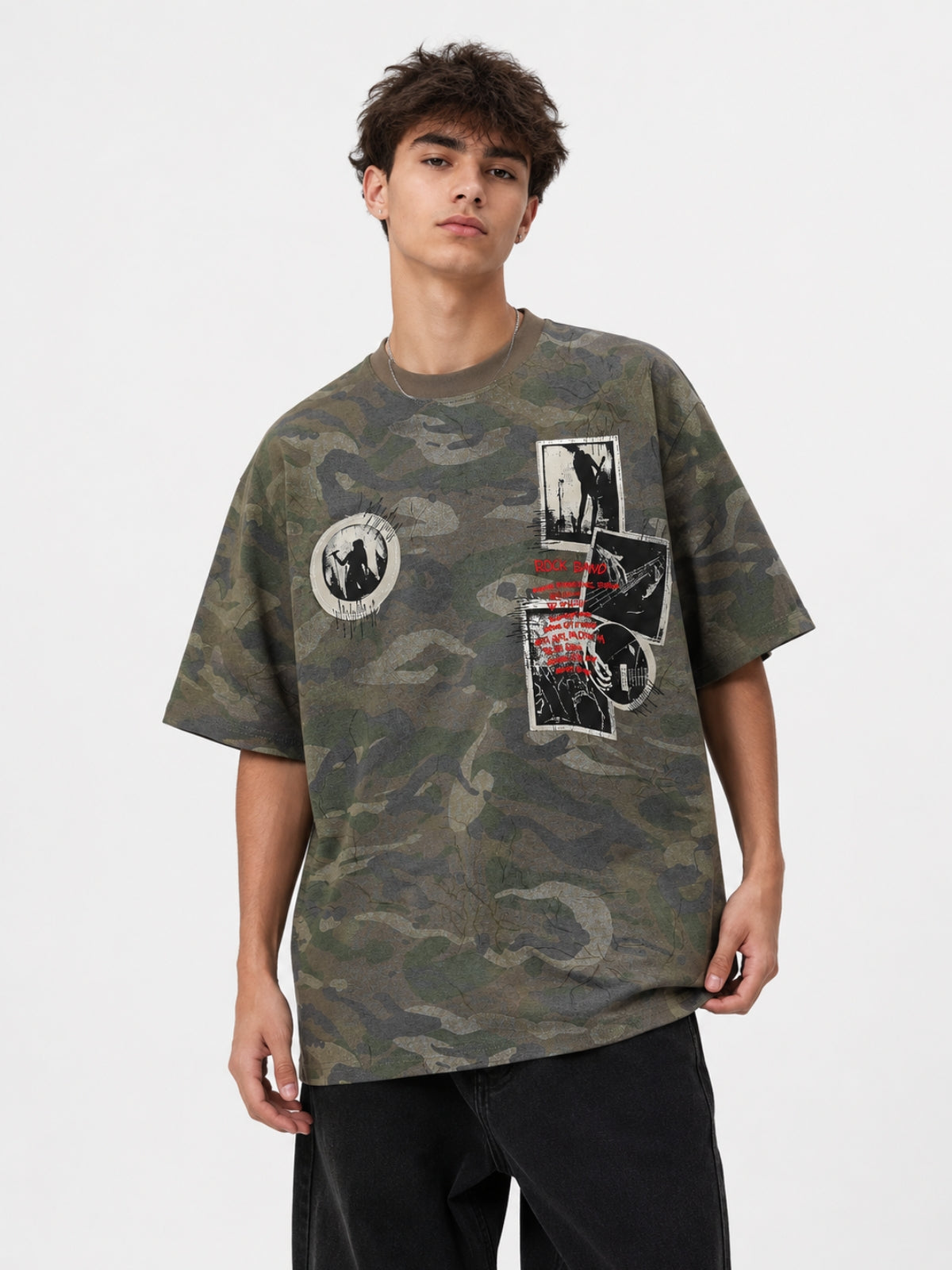 STICKERS - Oversized Graphic Camo T-Shirt