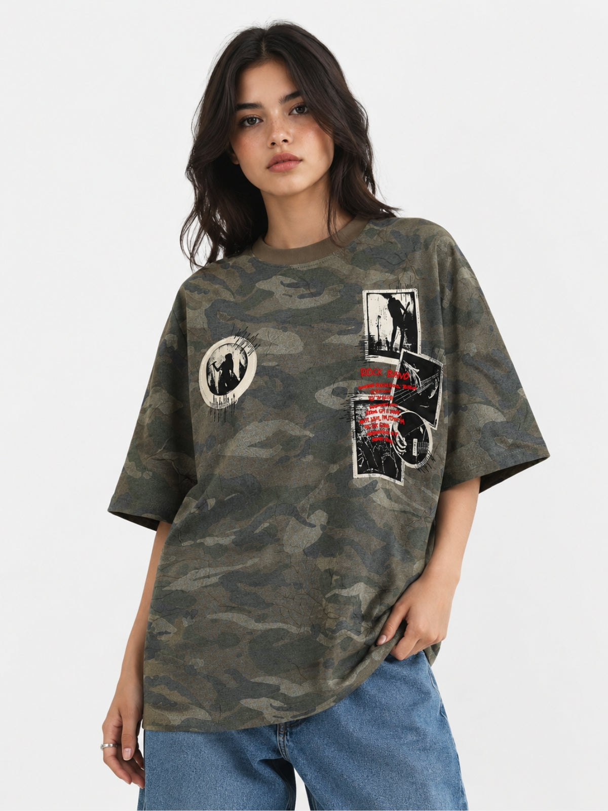 STICKERS - Oversized Graphic Camo T-Shirt